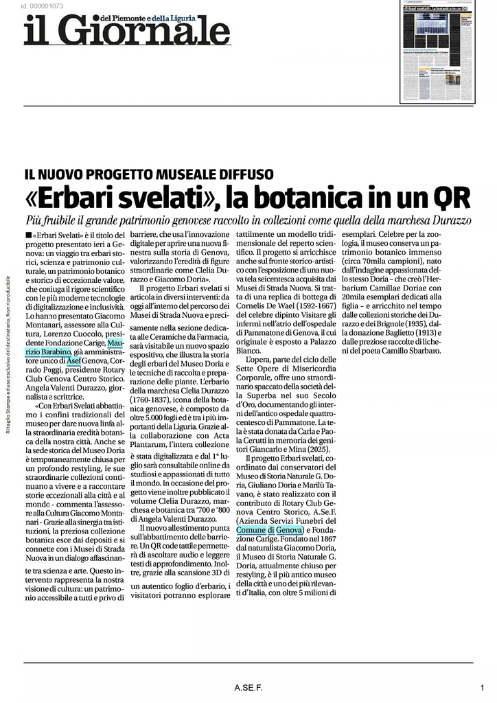 Articolo del Giornale intitolato “Erbari svelati, la botanica in un QR”.