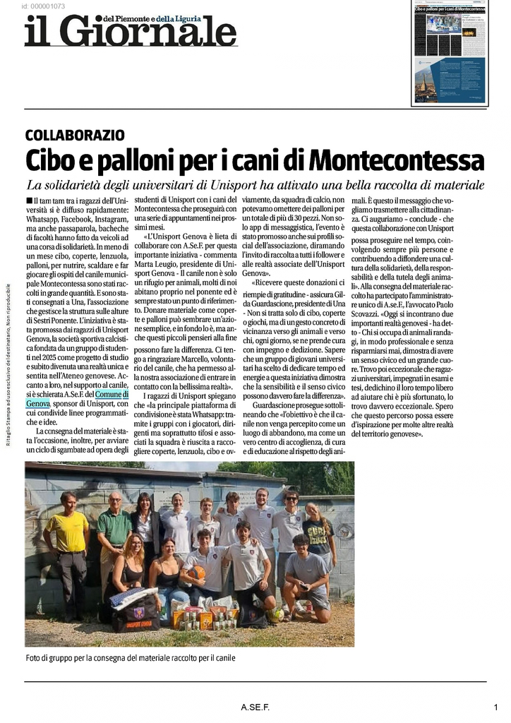 Articolo del Giornale sulla donazione di cibo e palloni ai cani di Montecontessa da parte di Unisport.