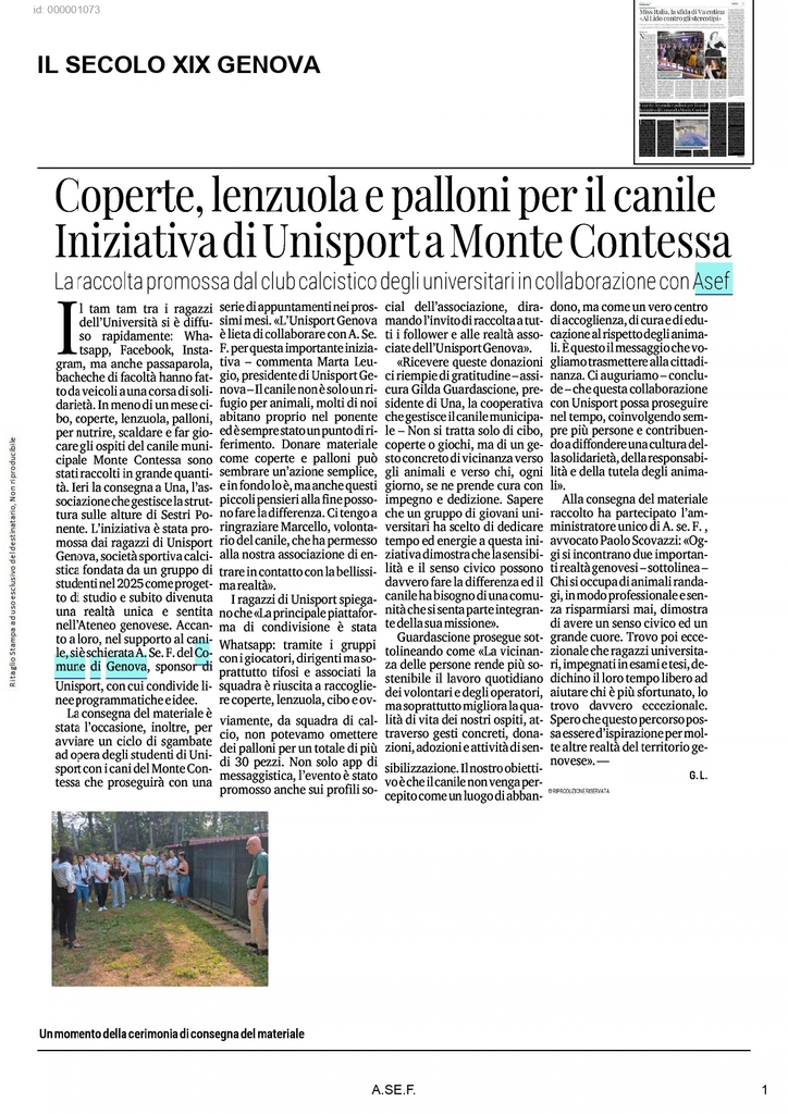 Articolo del Secolo XIX sulla raccolta di coperte, lenzuola e palloni promossa da Unisport per il canile Montecontessa