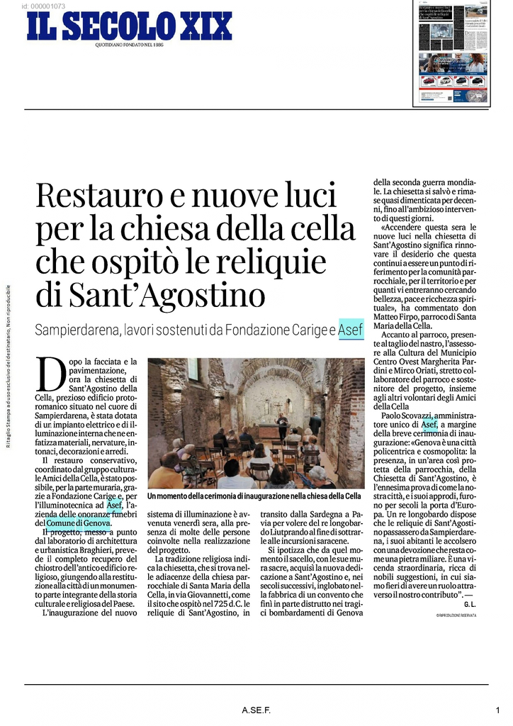 Articolo del Secolo XIX sul restauro e sulle nuove luci della Chiesetta di Sant’Agostino.