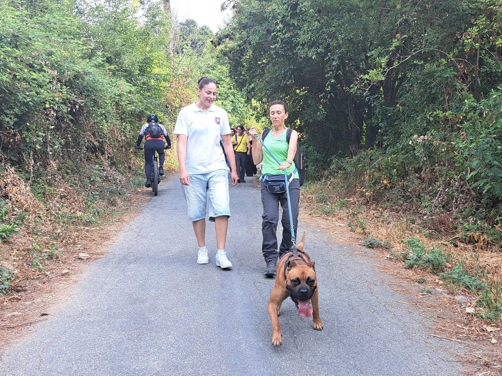 Due giovani accompagnano un cane lungo un sentiero vicino al canile Montecontessa.