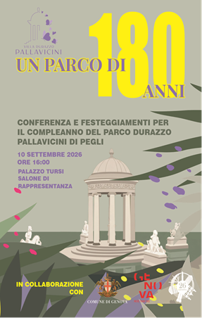 Locandina della conferenza per i 180 anni del Parco di Villa Durazzo Pallavicini, a Palazzo Tursi il 10 settembre 2026.