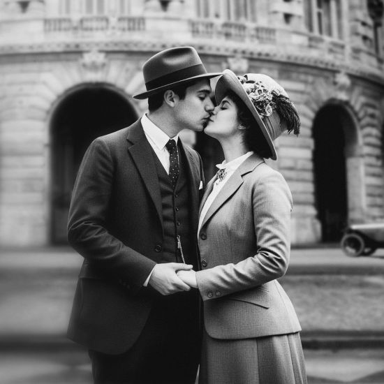 Coppia in abiti d’epoca che si scambia un bacio, in bianco e nero.
